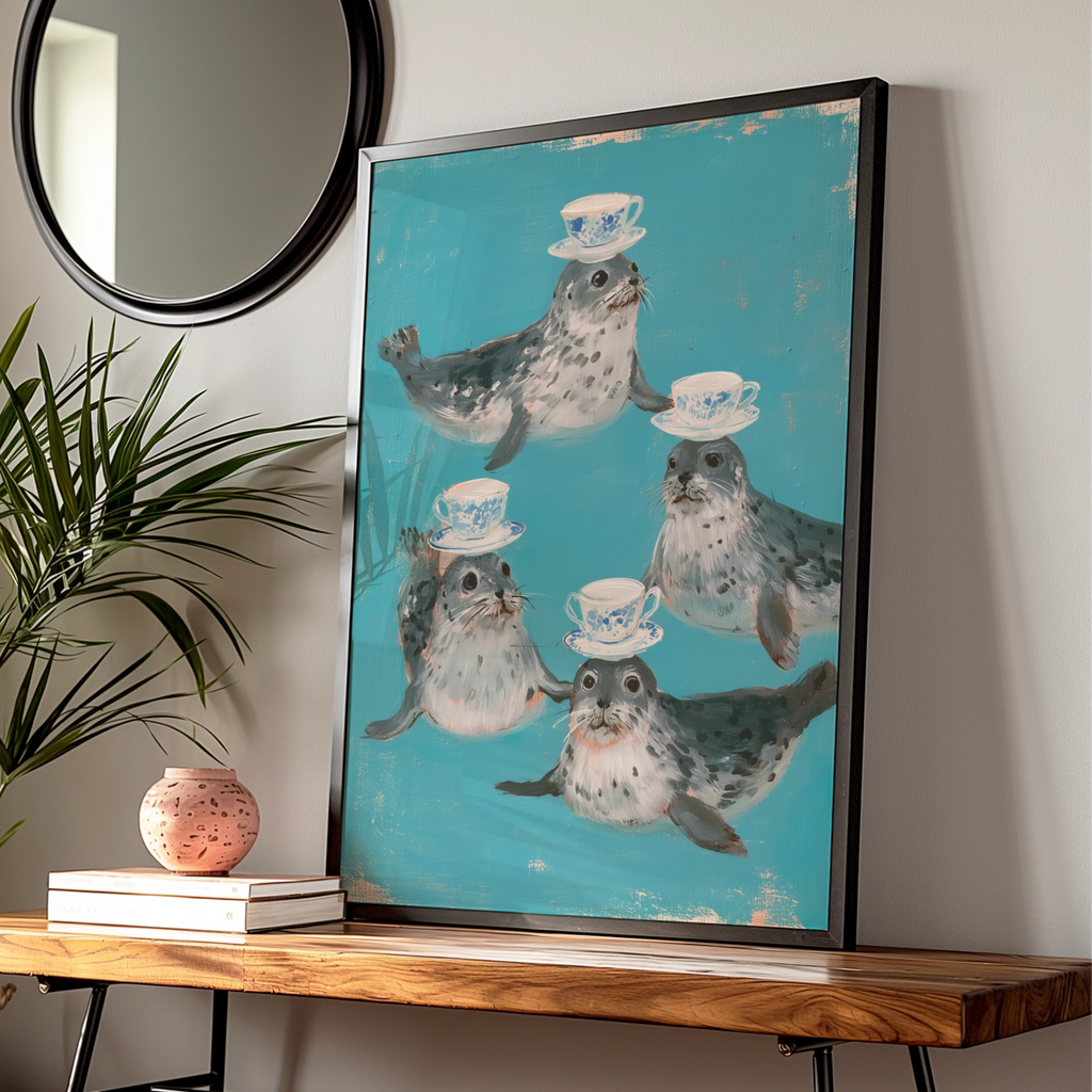 Seals Balancing Teacups Poster, Whimsical Animal Wall Art, Teal Illustrated Print