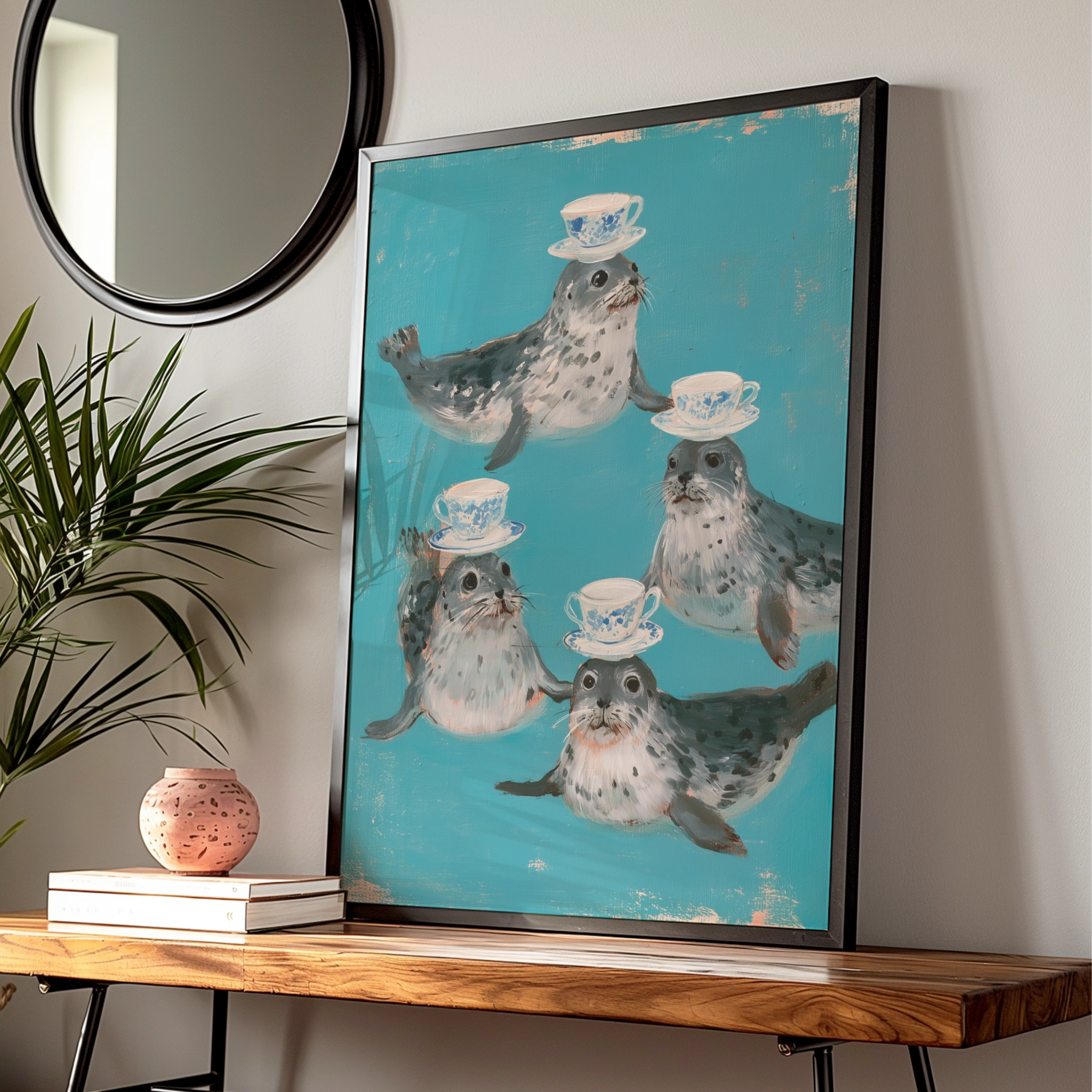 Seals Balancing Teacups Poster, Whimsical Animal Wall Art, Teal Illustrated Print