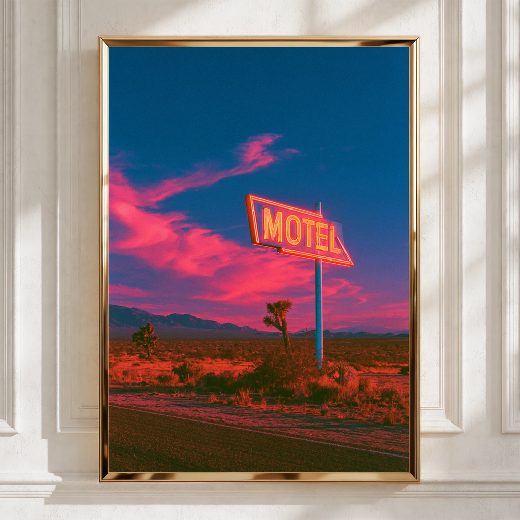 Neon Motel Sign Desert Sunset Poster, Retro Americana Wall Art, Route 66