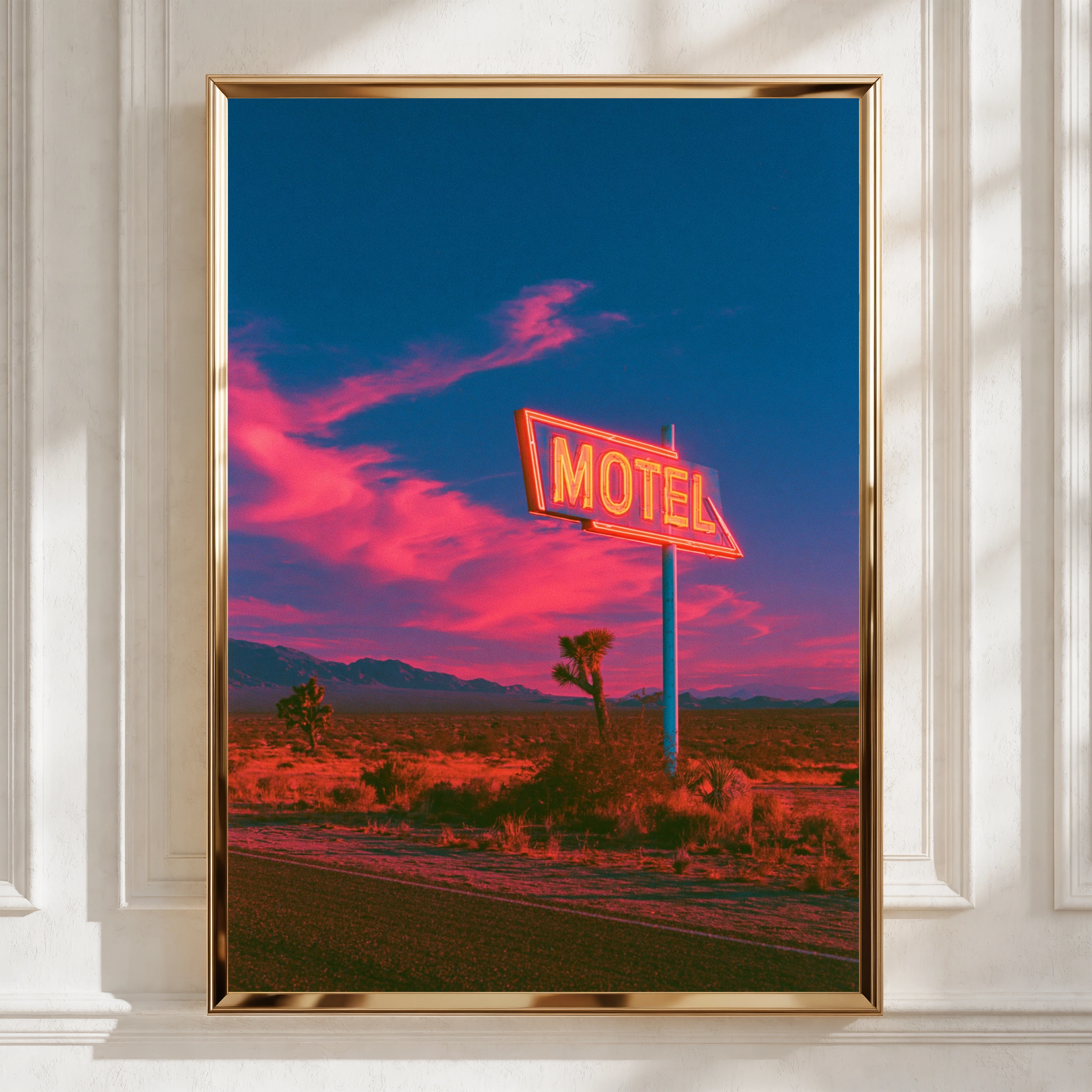Neon Motel Sign Desert Sunset Poster, Retro Americana Wall Art, Route 66