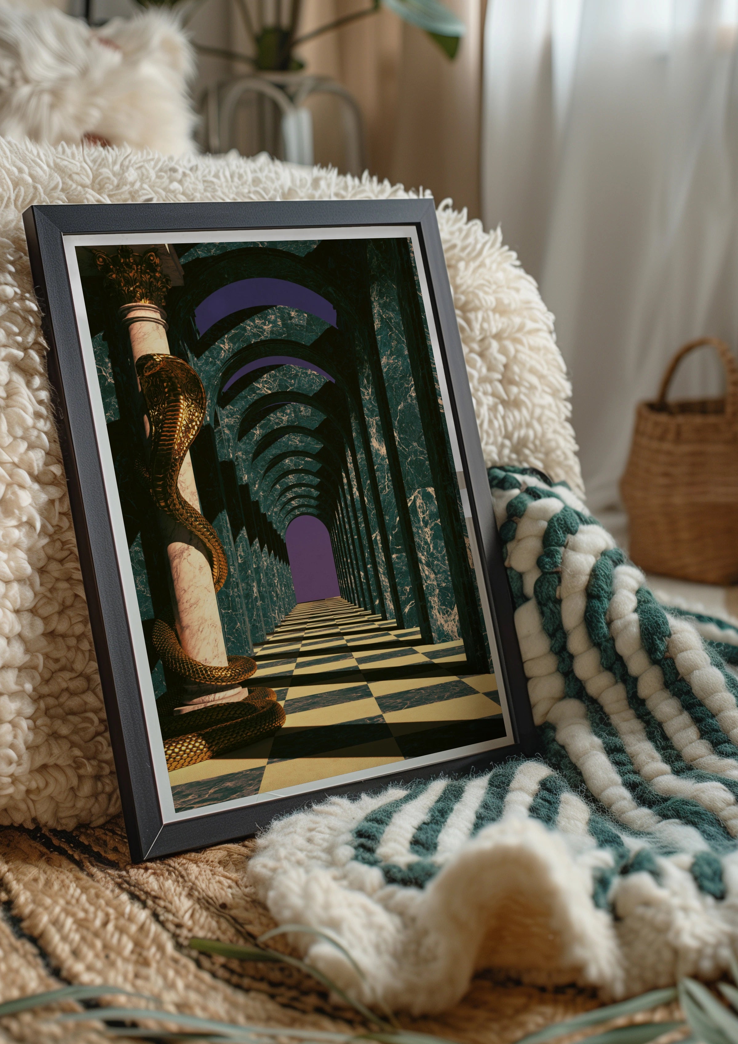 Golden Cobra Marble Hallway Poster, Surreal Architecture Art Print, Green Purple