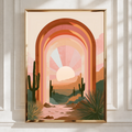 Desert Cactus Arch Sunset Poster, Surreal Boho Southwest Wall Art Print
