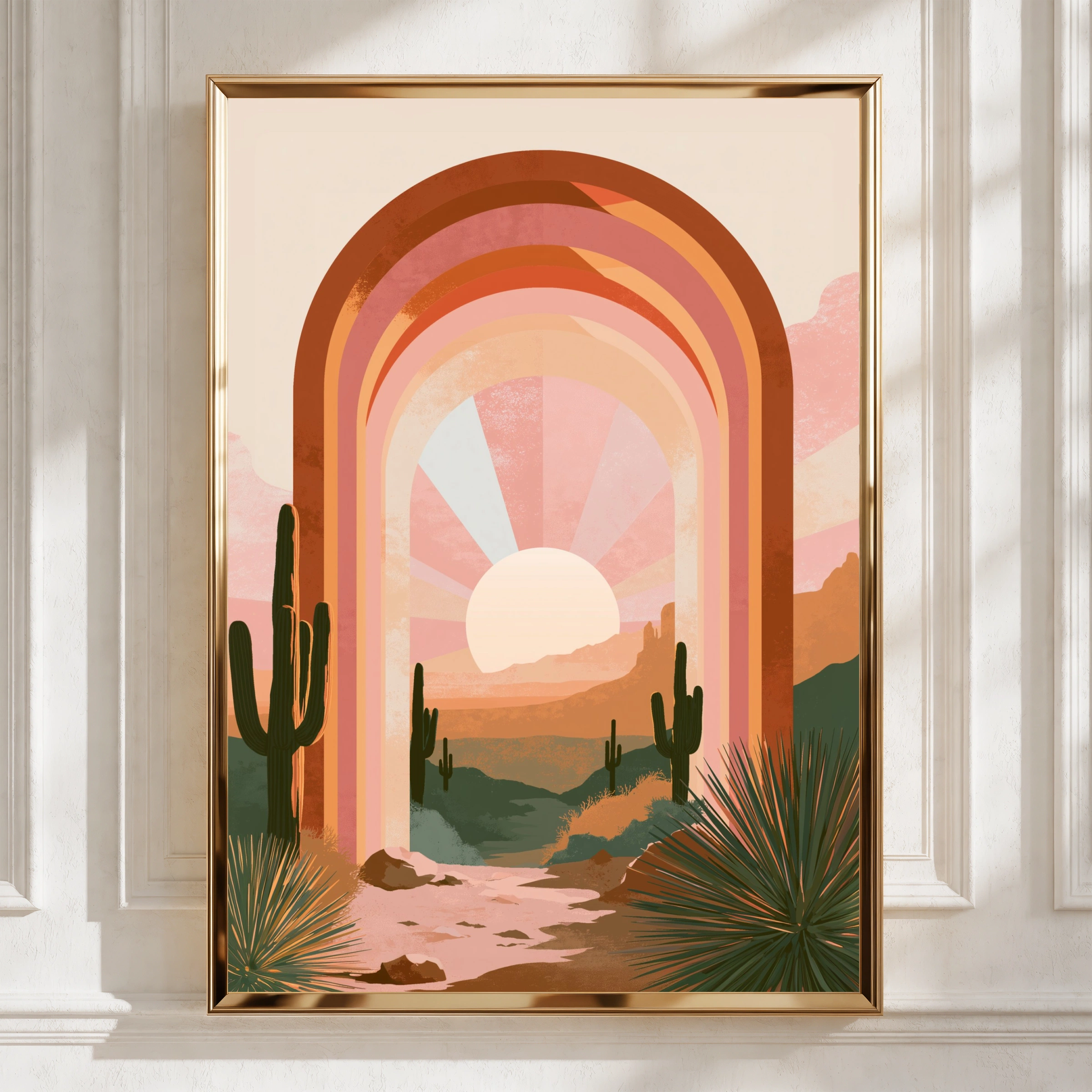 Desert Cactus Arch Sunset Poster, Surreal Boho Southwest Wall Art Print