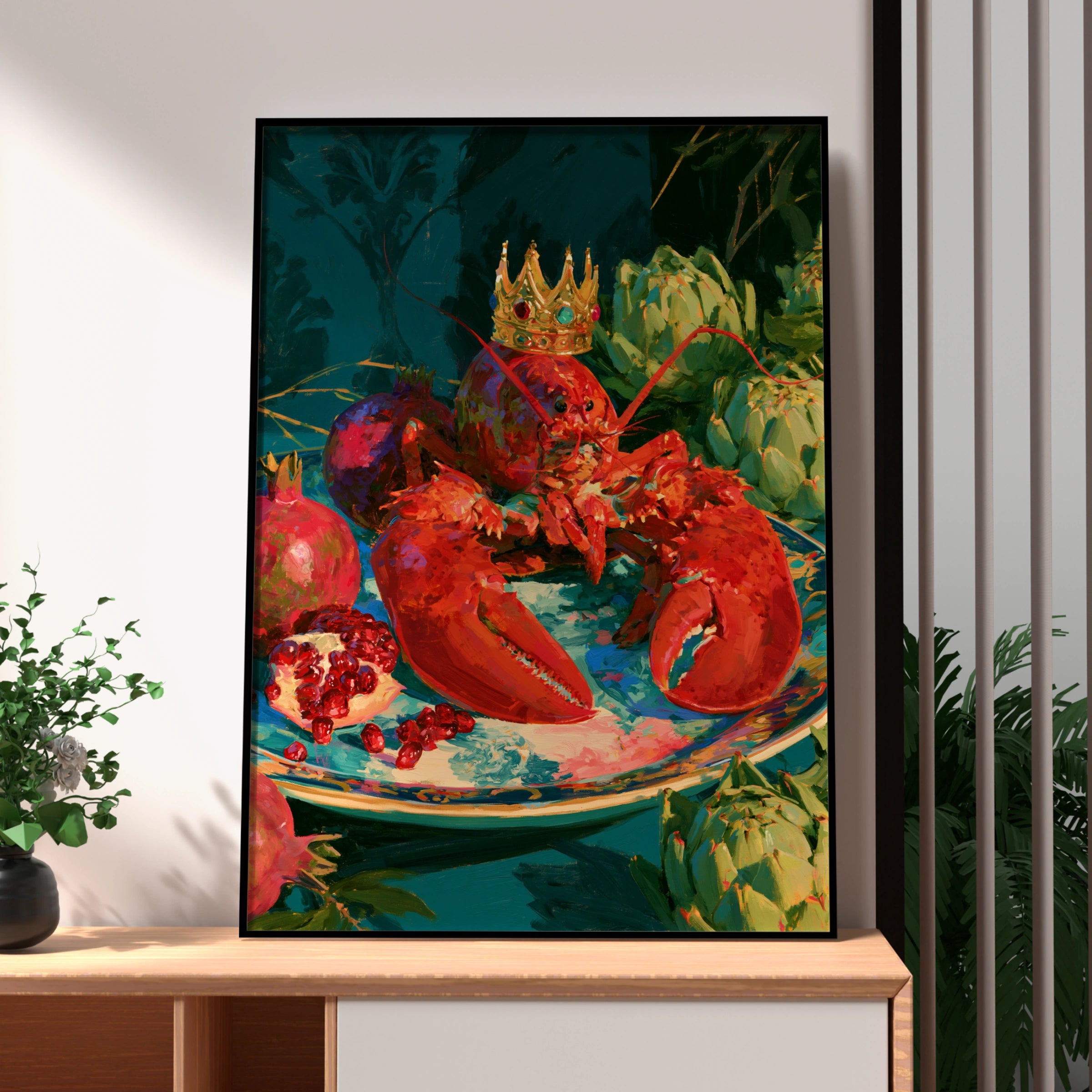 Crowned Lobster Artichokes Still Life Poster, Bold Maximalist Wall Art Print