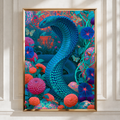 Blue Cobra Snake Floral Poster, Psychedelic Botanical Wall Art Print