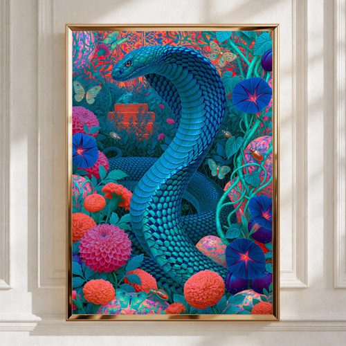 Blue Cobra Snake Floral Poster, Psychedelic Botanical Wall Art Print