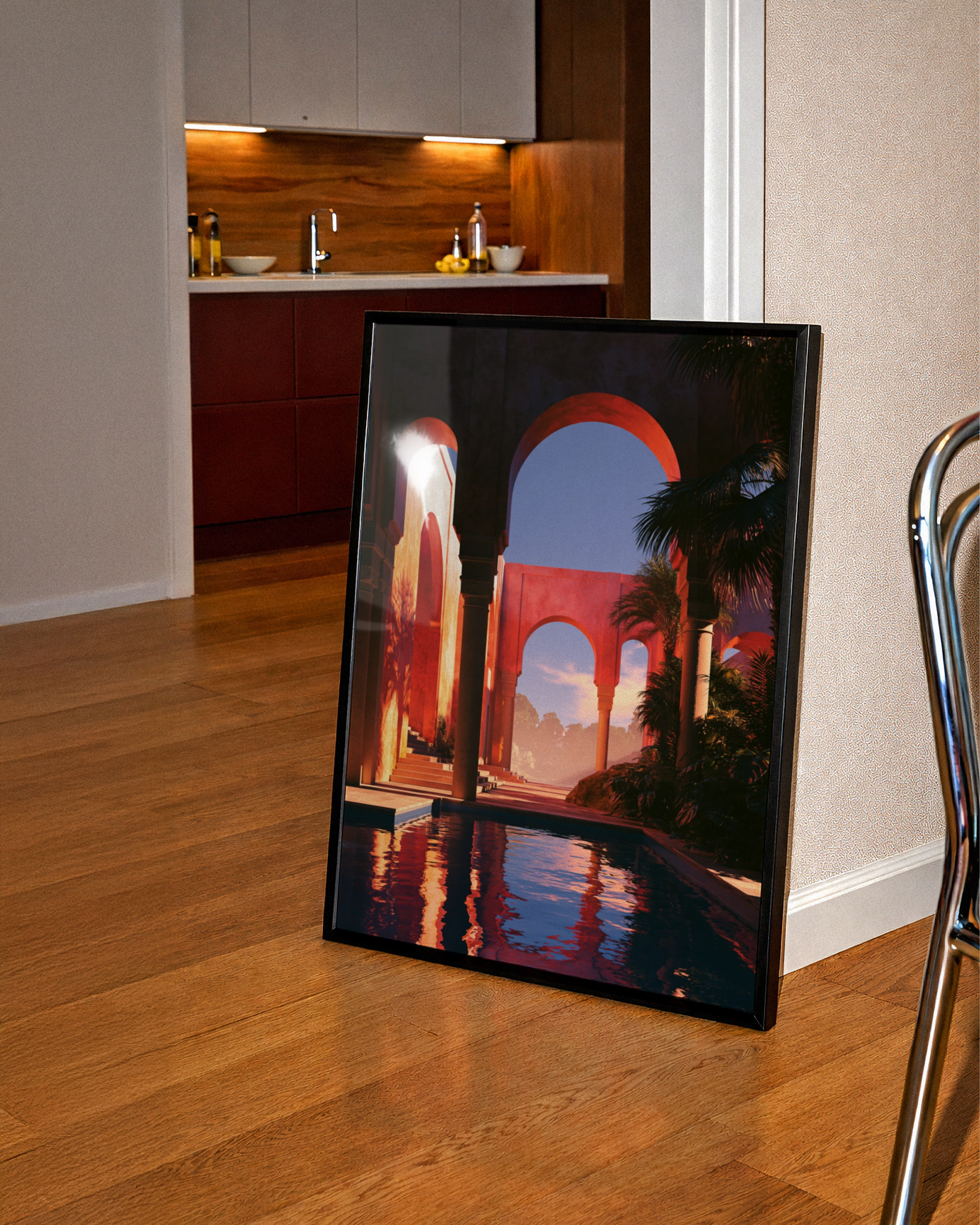 Courtyard Arches Sunset Poster, Terracotta Architecture, Mediterranean Wall Art