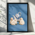Lambs Tea Party Poster, Blue White Chinoiserie Teapot, Whimsical Sheep Art Print