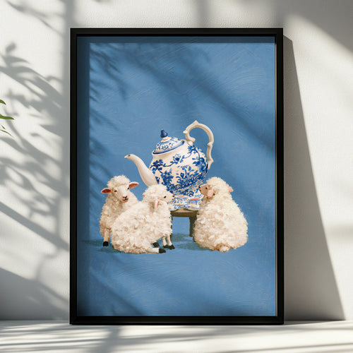 Lambs Tea Party Poster, Blue White Chinoiserie Teapot, Whimsical Sheep Art Print