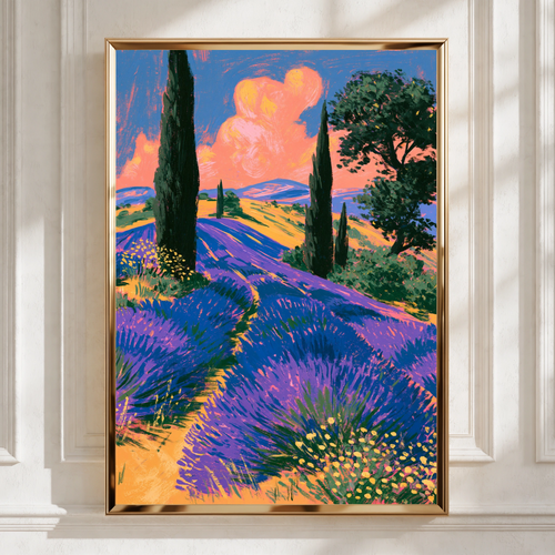 Lavender Fields Poster, Provence France Wall Art, Colourful Landscape Print