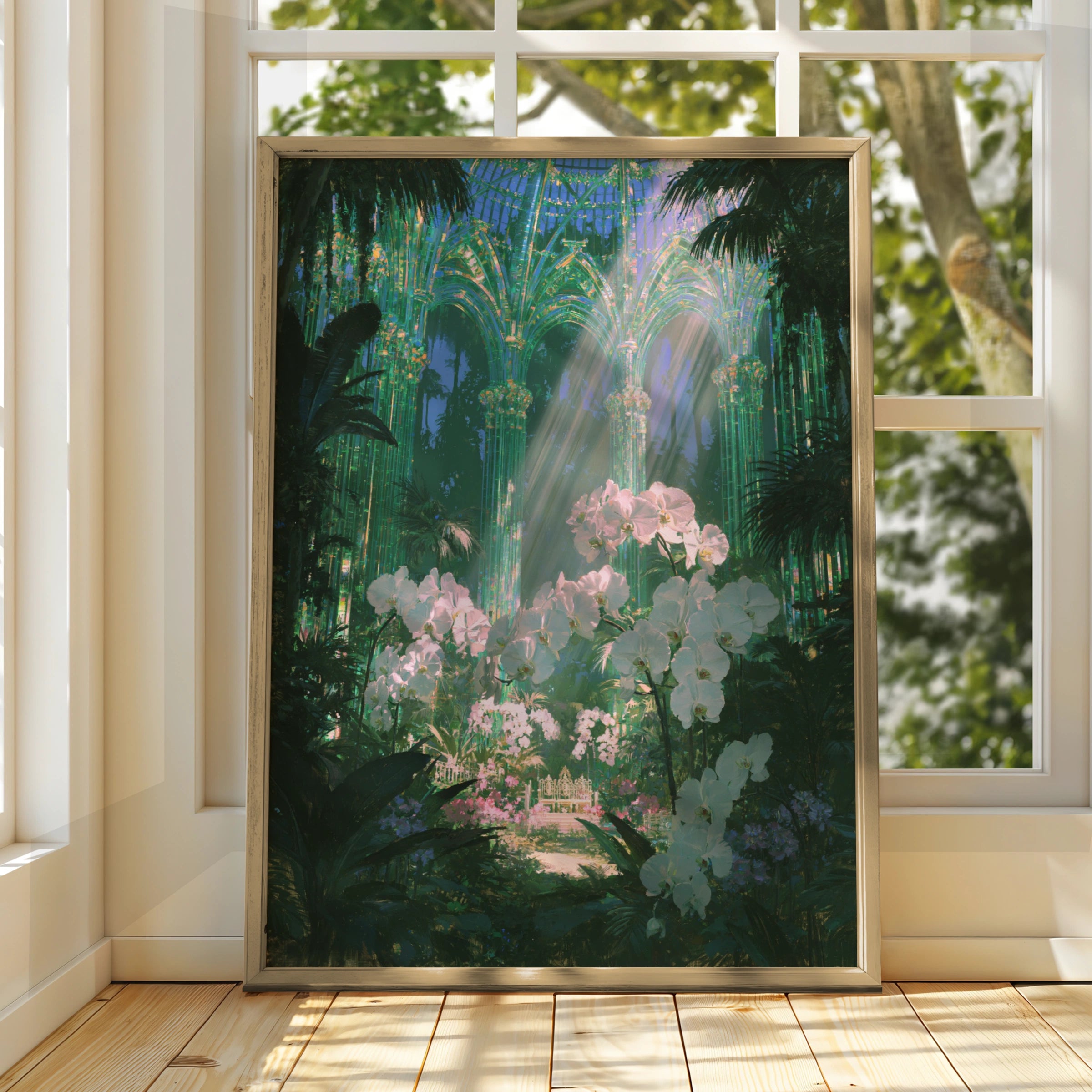 Emerald Glasshouse Orchids Poster, Botanical Fantasy Art Print, Victorian Greenhouse
