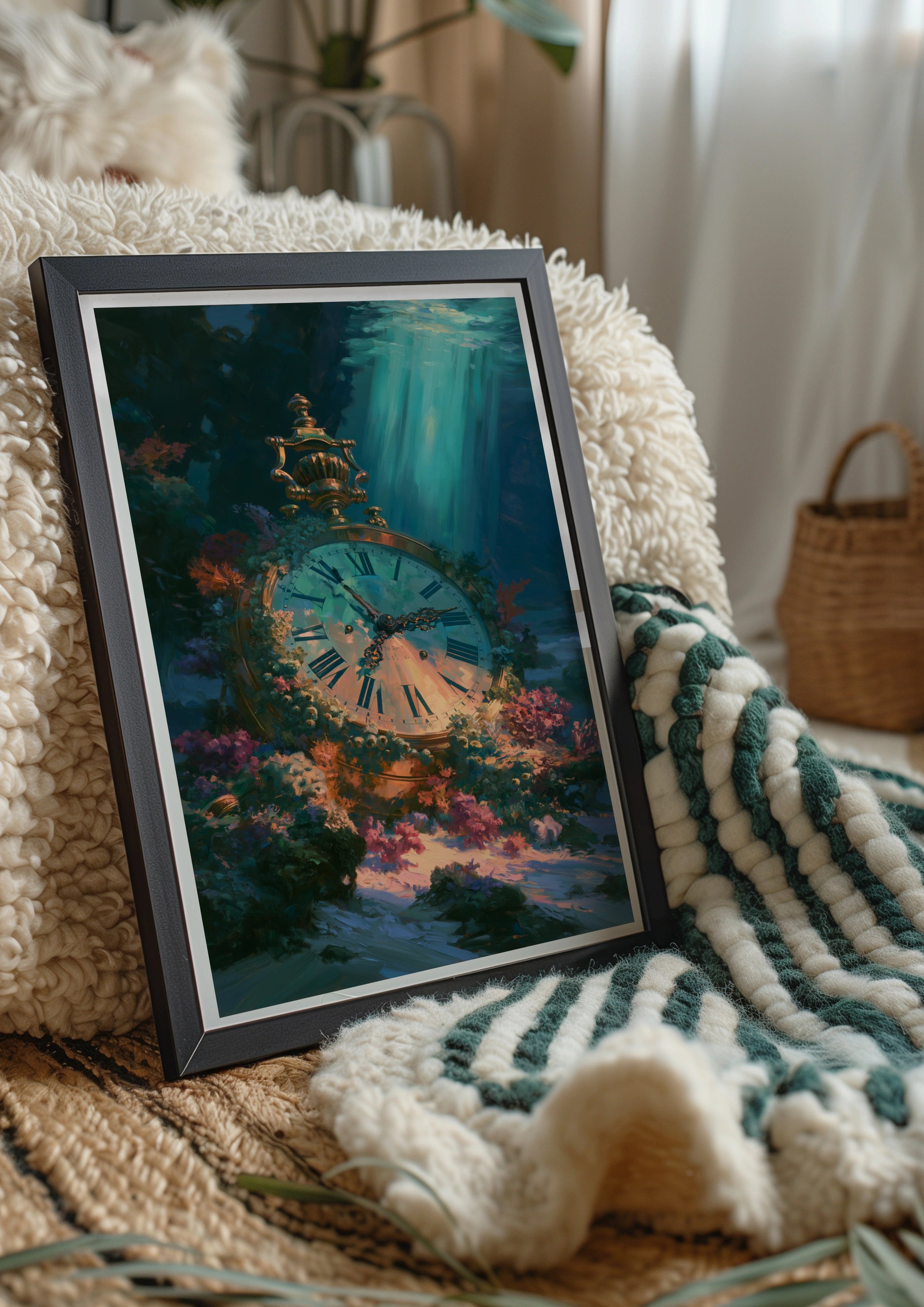 Underwater Clock Poster, Antique Timepiece Ocean Art, Fantasy Surreal Print
