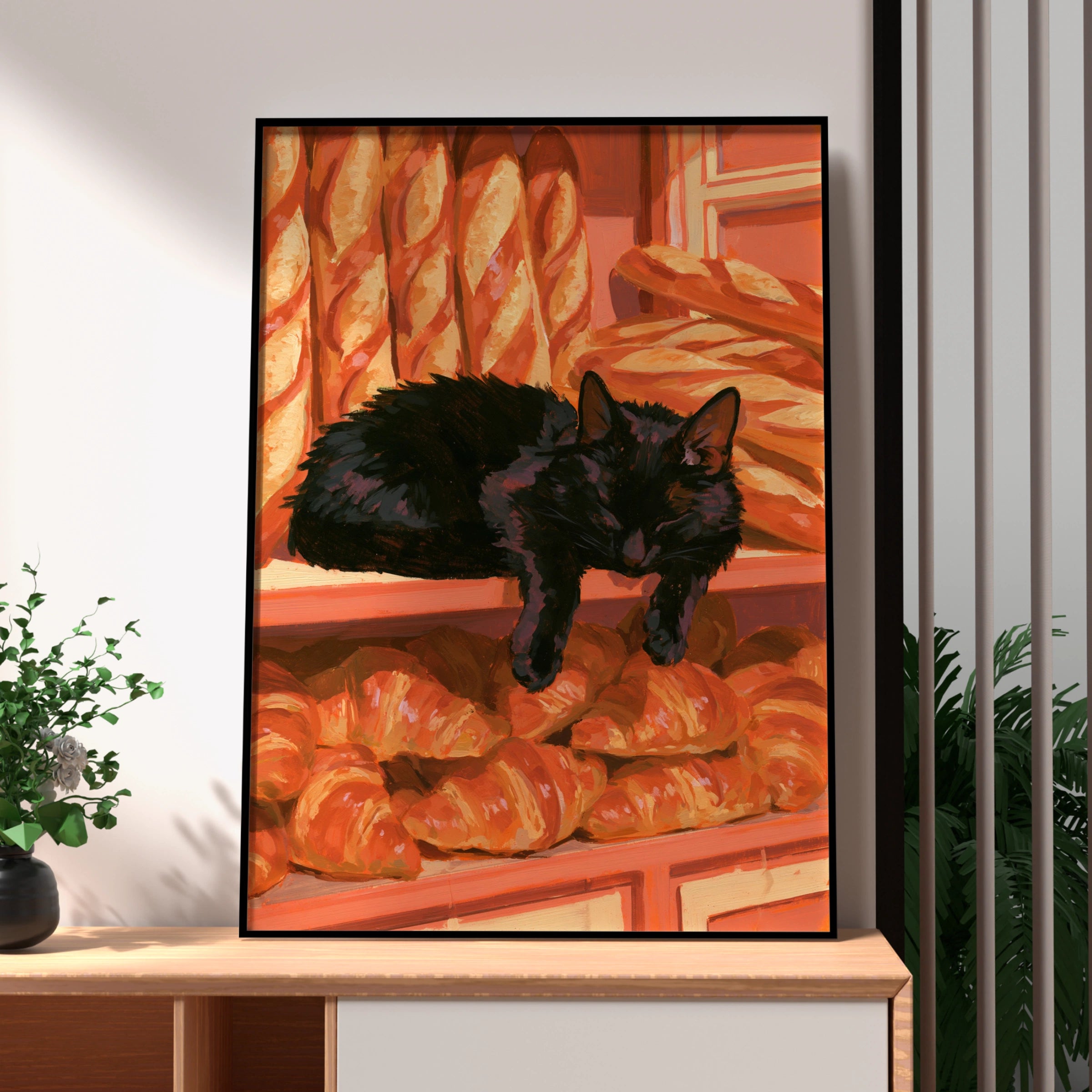 Black Cat Sleeping in French Bakery, Croissants Baguettes Wall Art Poster