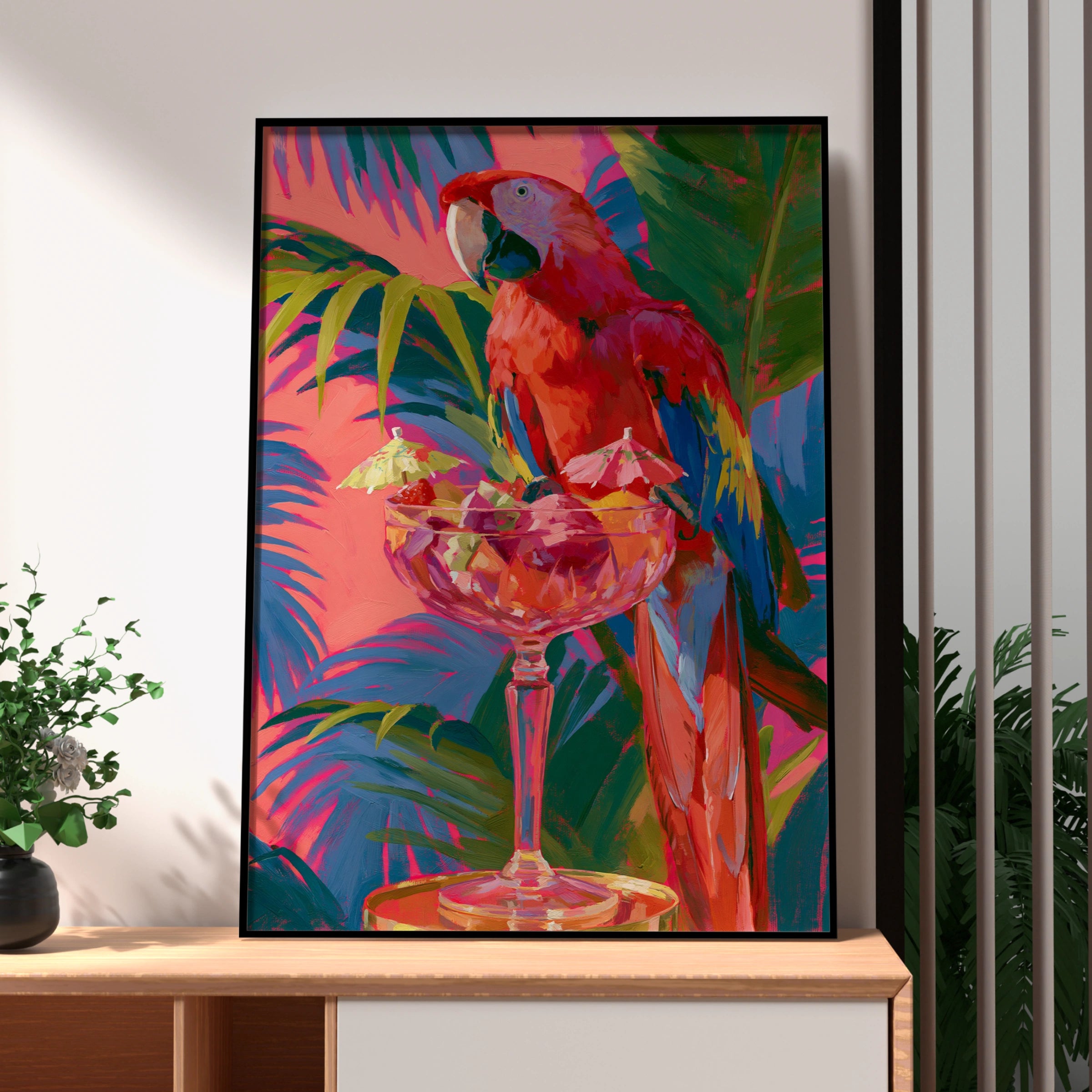 Tropical Parrot Cocktail Wall Art Poster, Colourful Macaw Print