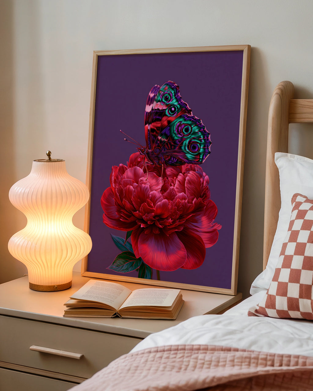 Butterfly on Red Peony Poster, Botanical Wall Art, Vibrant Purple Print