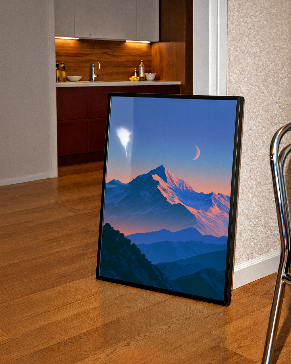 Mountain Moon Blue Poster, Snowy Peak Crescent Moon, Twilight Wall Art Print