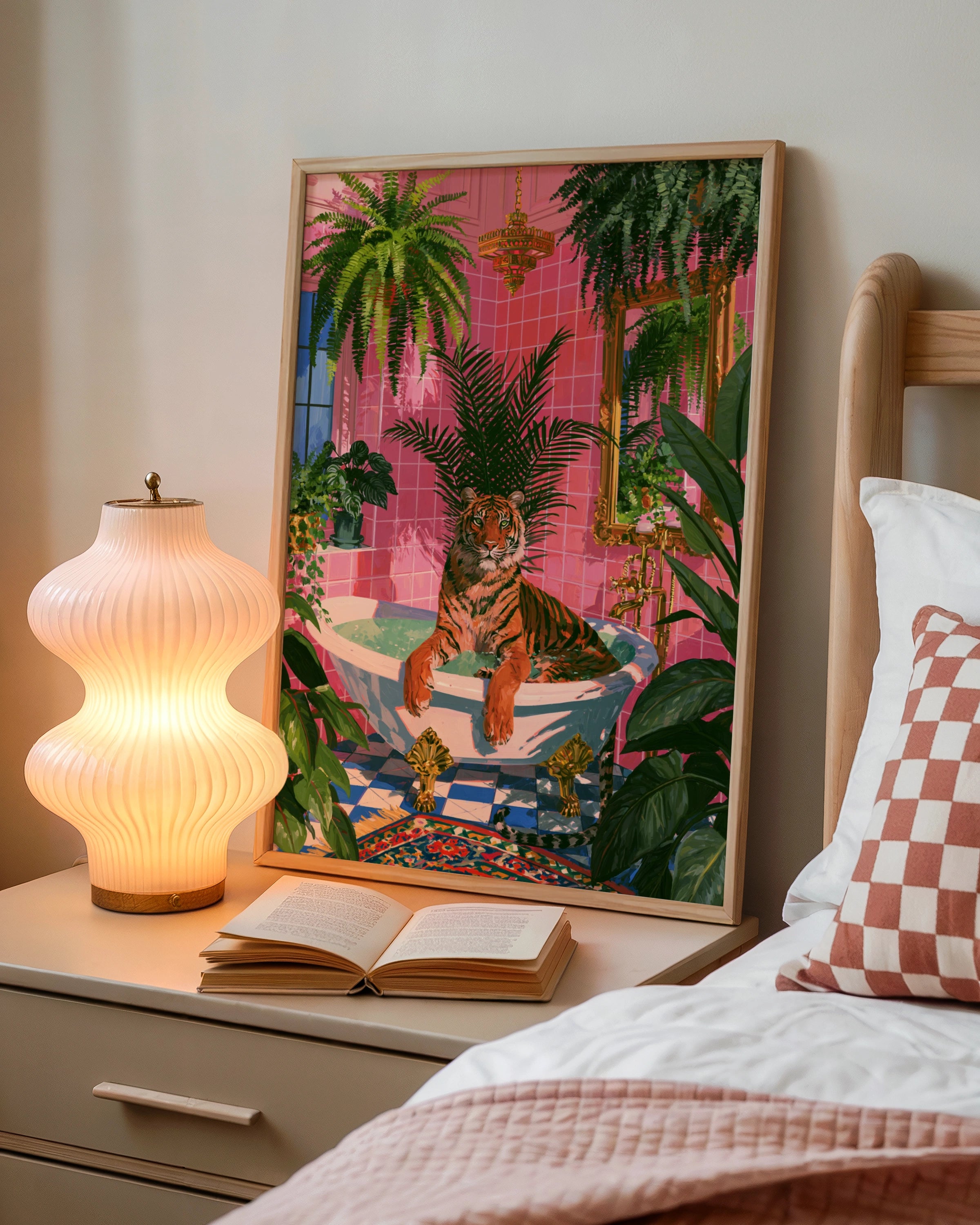 Tiger in Bath Pink Bathroom Poster, Tropical Plants Wall Art Print