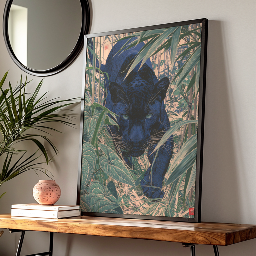 Black Panther Jungle Poster, Japanese Woodblock Style Art Print