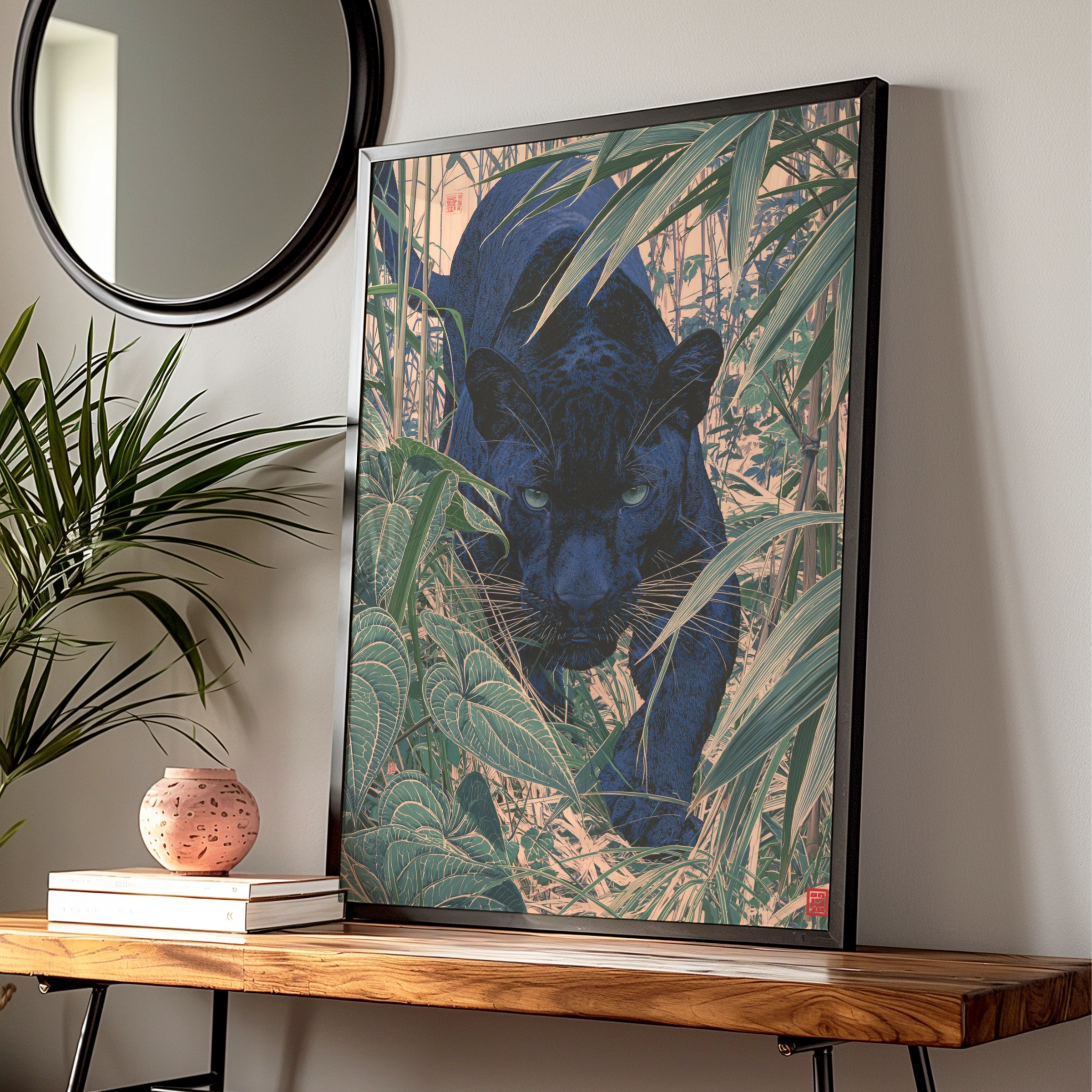 Black Panther Jungle Poster, Japanese Woodblock Style Art Print