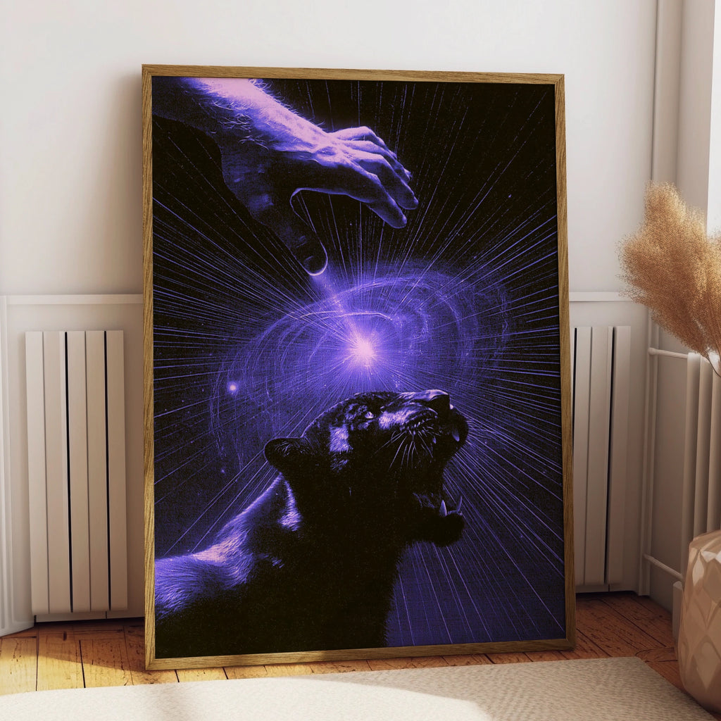 Black Panther Hypnosis Mystical Poster, Purple Energy Art Print, Dark Surreal