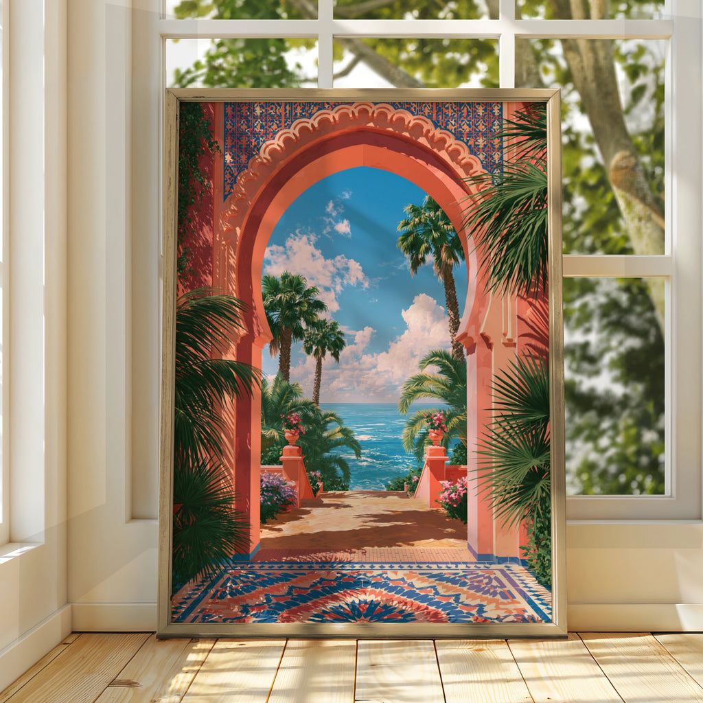 Moroccan Archway Palm Trees Sea View Wall Art Poster, Coastal Travel Print