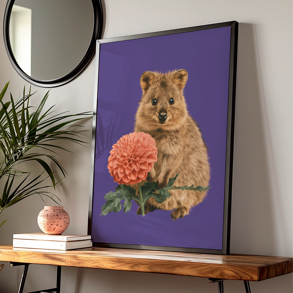 Quokka with Dahlia Flower Poster, Australian Animal Wall Art Print