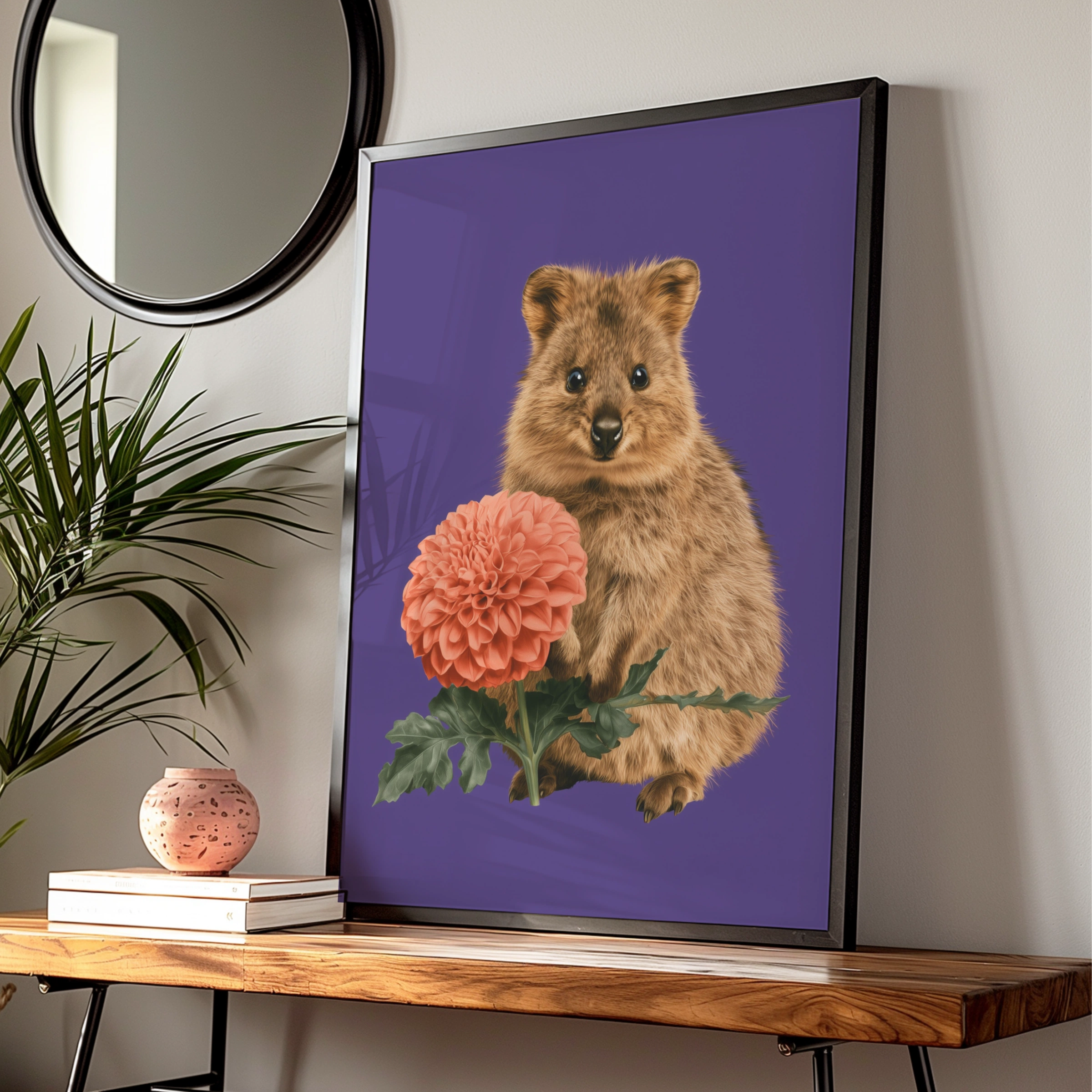 Quokka with Dahlia Flower Poster, Australian Animal Wall Art Print