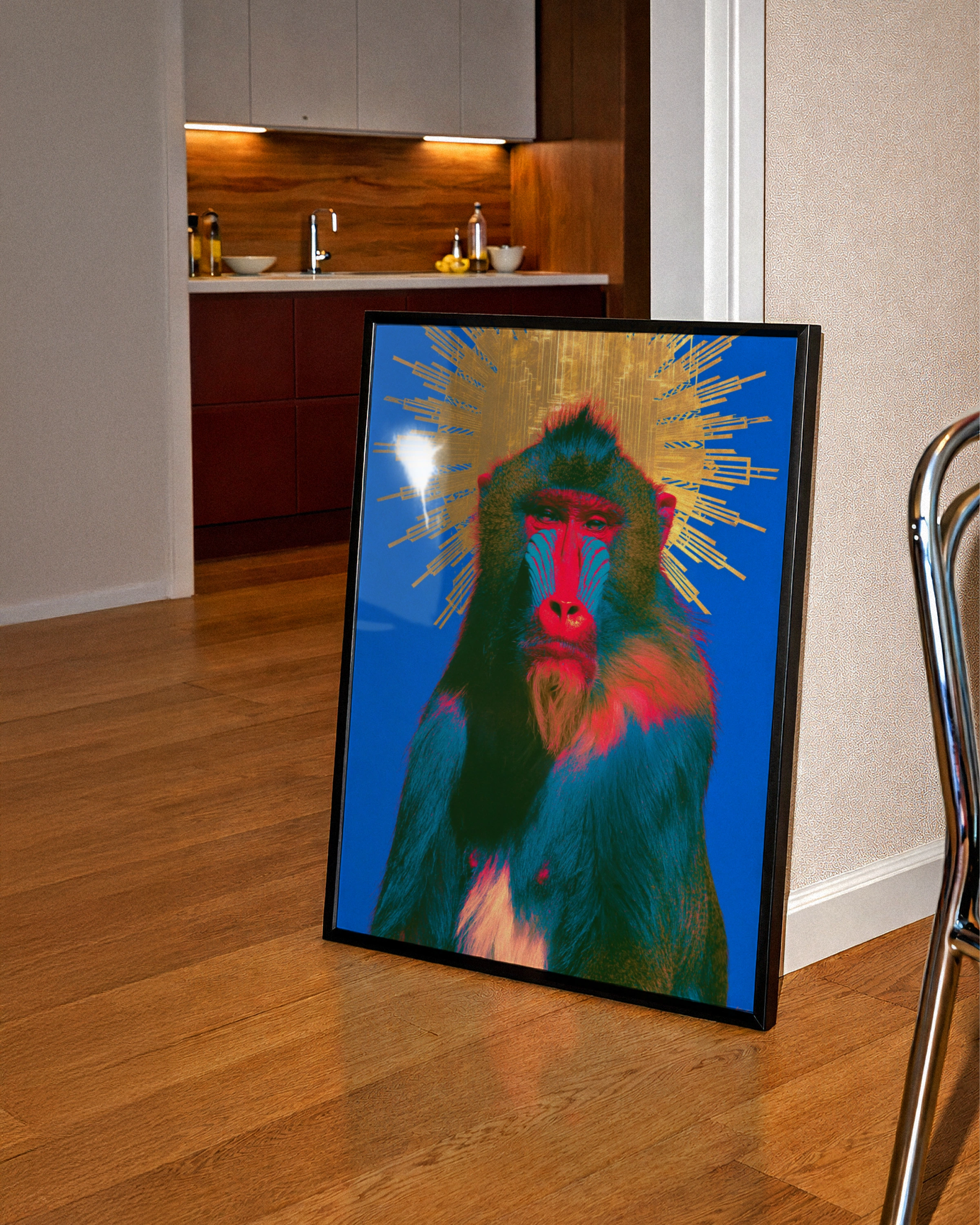 Baboon Sun Halo Poster, Bold Blue Gold Mandrill Wall Art, Pop Art Print
