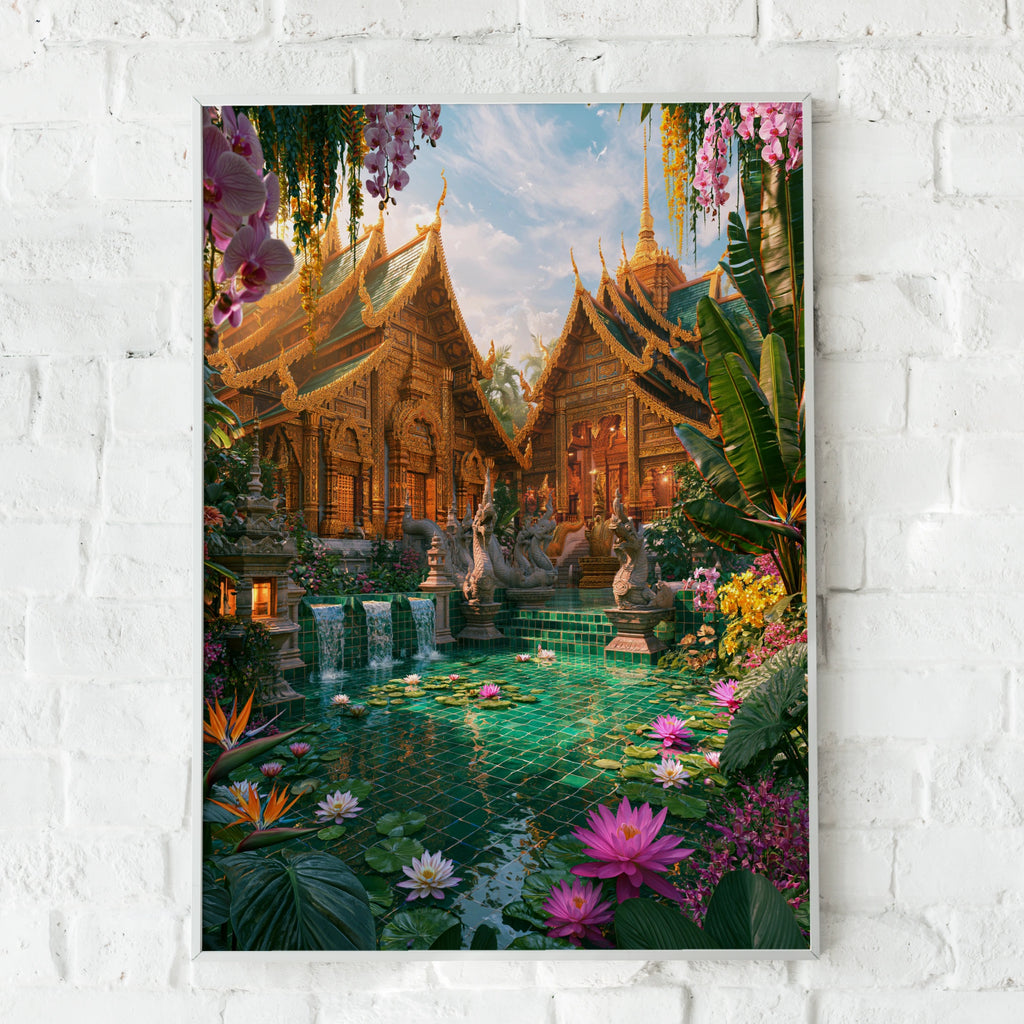 Thai Royal Temple Courtyard Poster, Lotus Garden, Tropical Wall Art Print