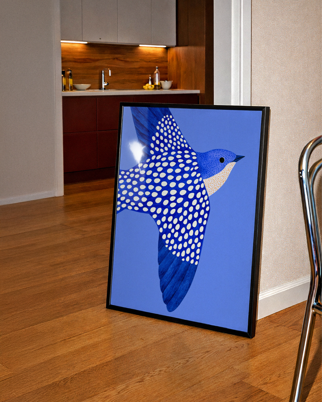 Blue Swallow in Flight Wall Art Poster, Dotted Bird Print, Bold Illustrated Style