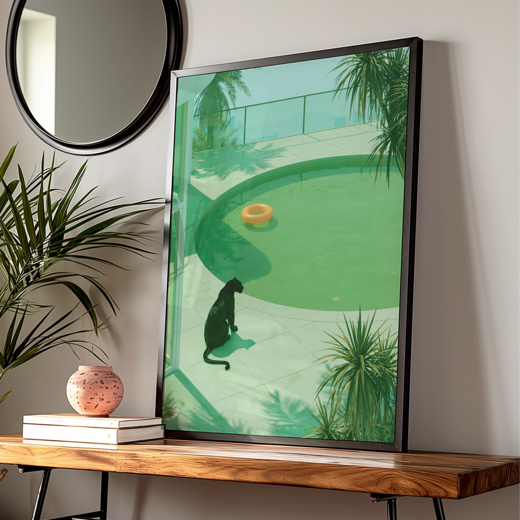 Black Panther by Pool Print, Green Tropical Art Poster, Modern Wildlife