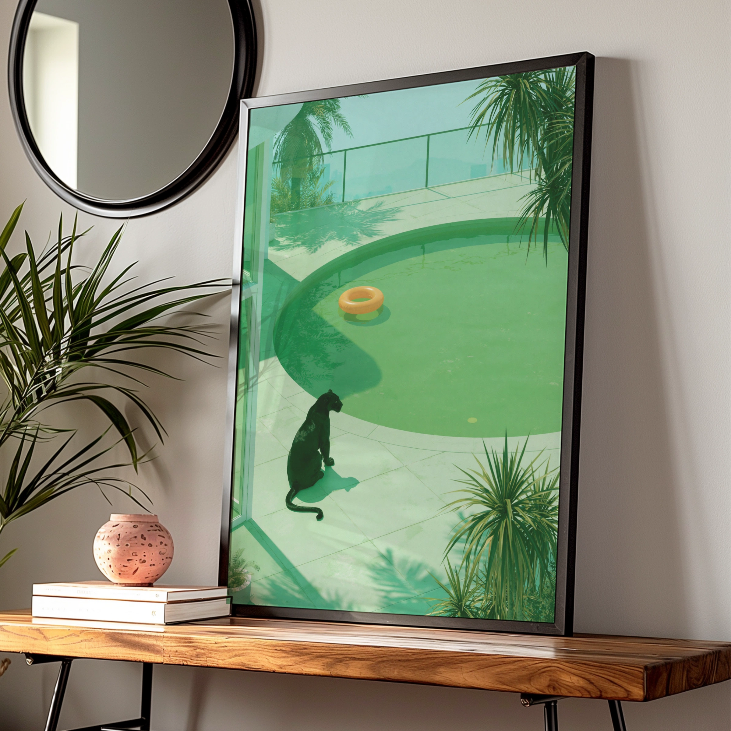 Black Panther by Pool Print, Green Tropical Art Poster, Modern Wildlife