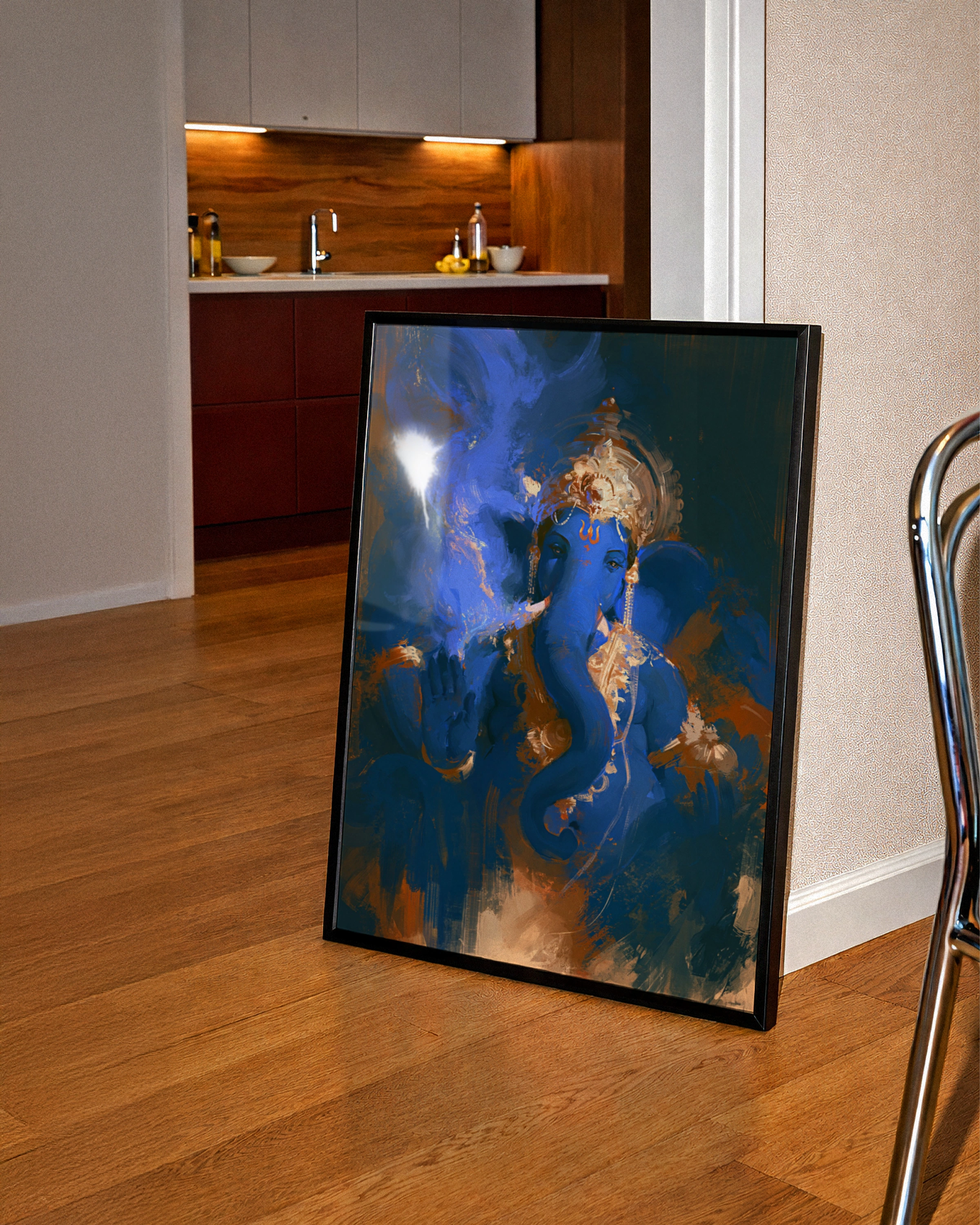 Ganesha Blue Shadow Painting Poster, Hindu God Wall Art, Spiritual Print