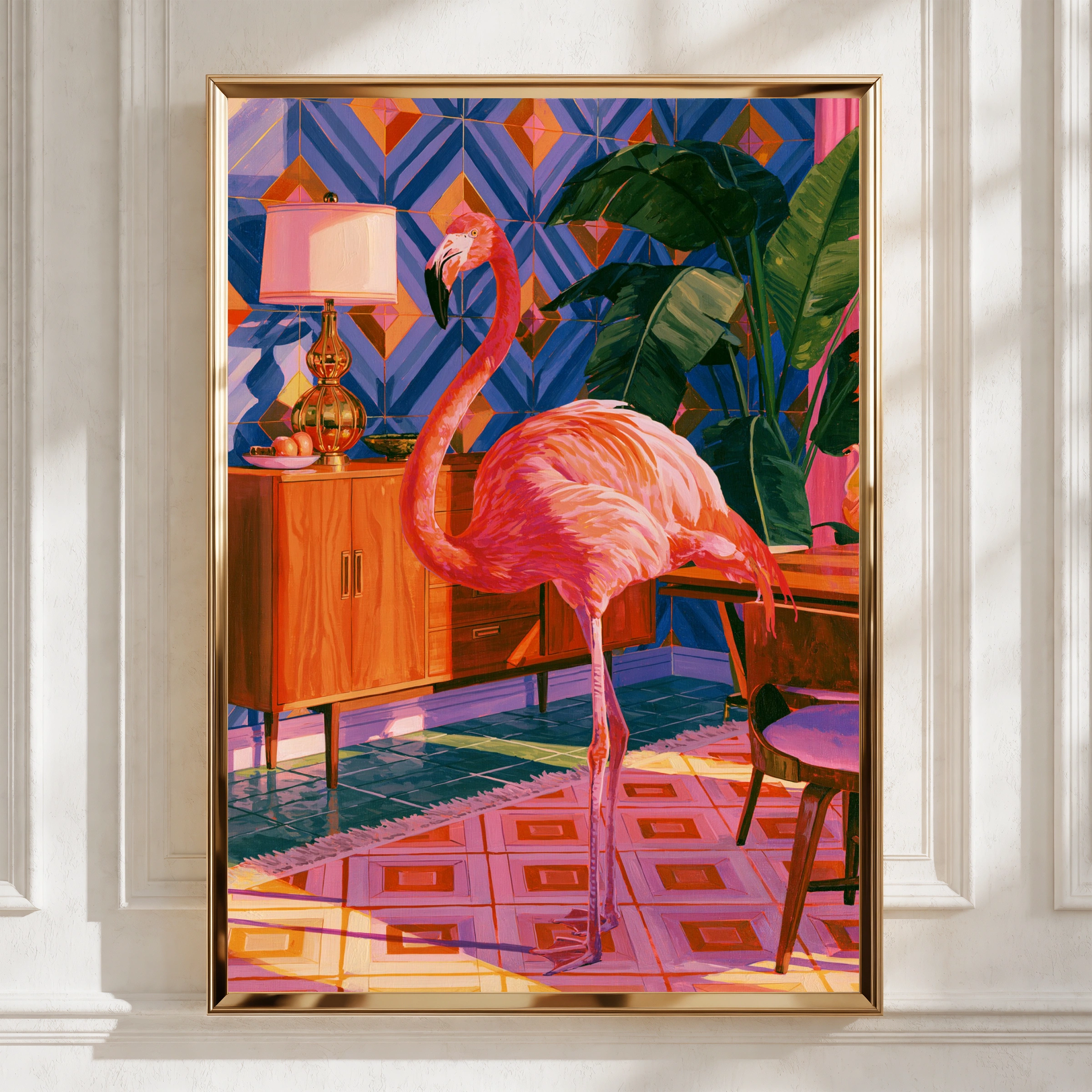 Flamingo Living Room Poster, Mid-Century Interior Wall Art, Tropical Bird Print