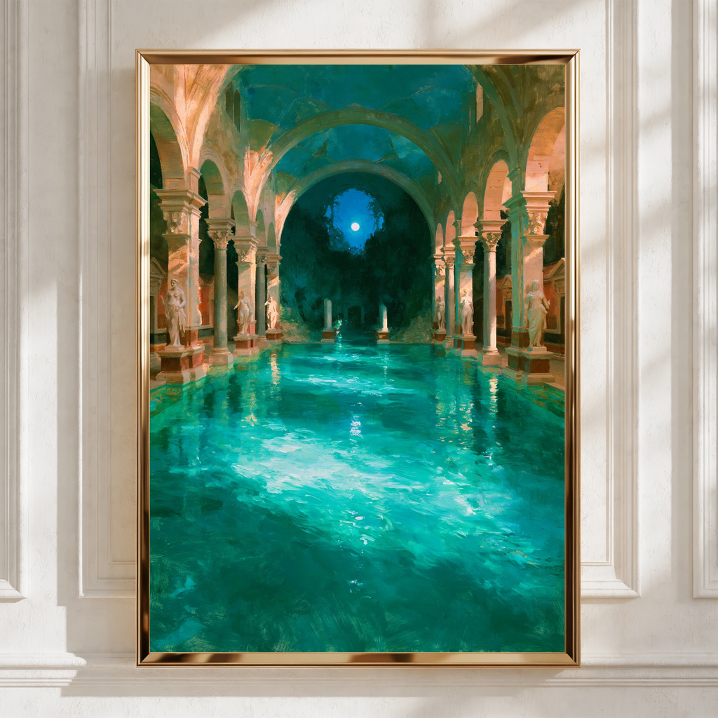 Roman Bathhouse Painting Poster, Ancient Architecture, Teal Moonlit Pool Art