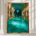 Roman Bathhouse Painting Poster, Ancient Architecture, Teal Moonlit Pool Art