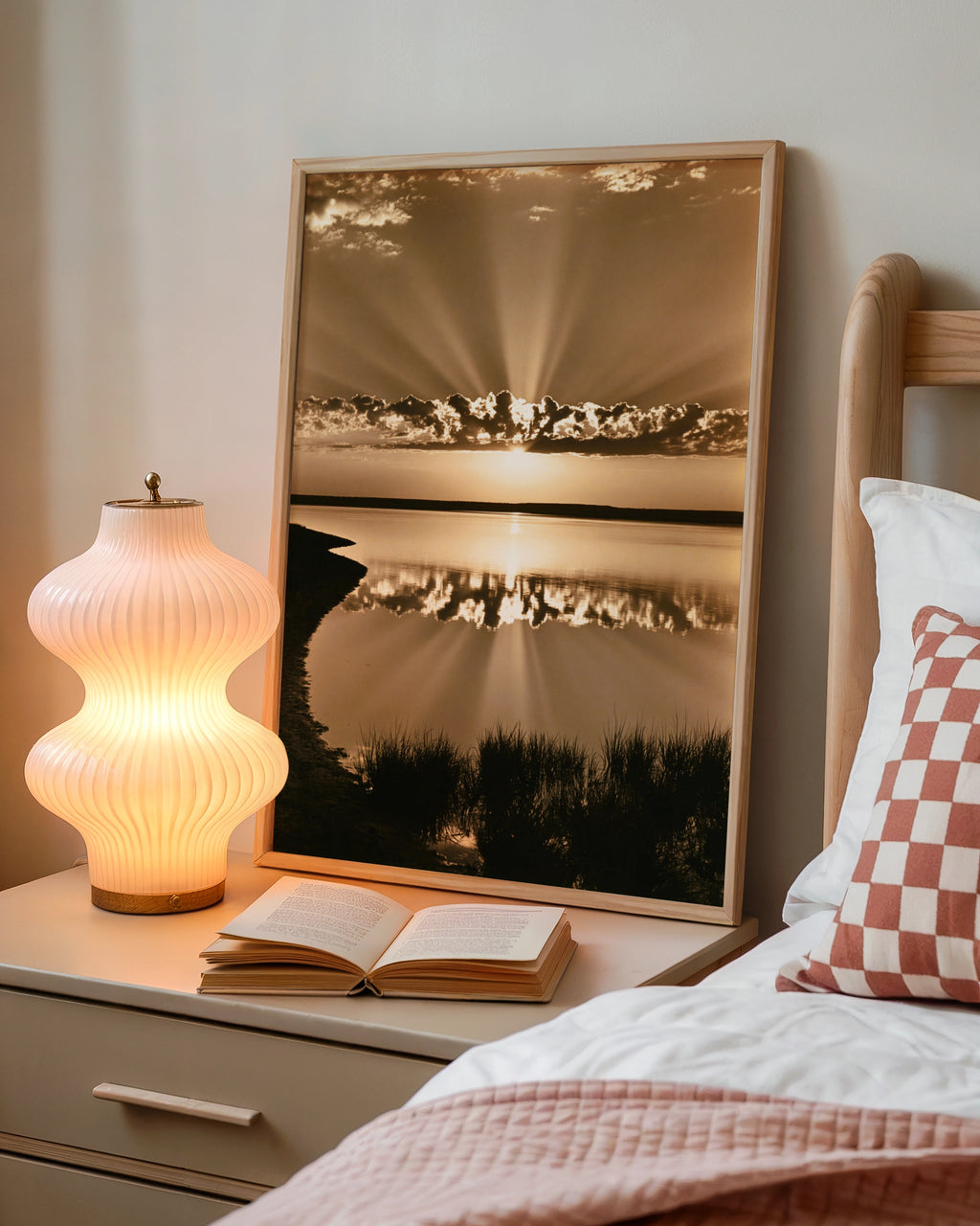 Sepia Sunrise Lake Reflection Poster, Sun Rays Sky, Vintage Nature Print