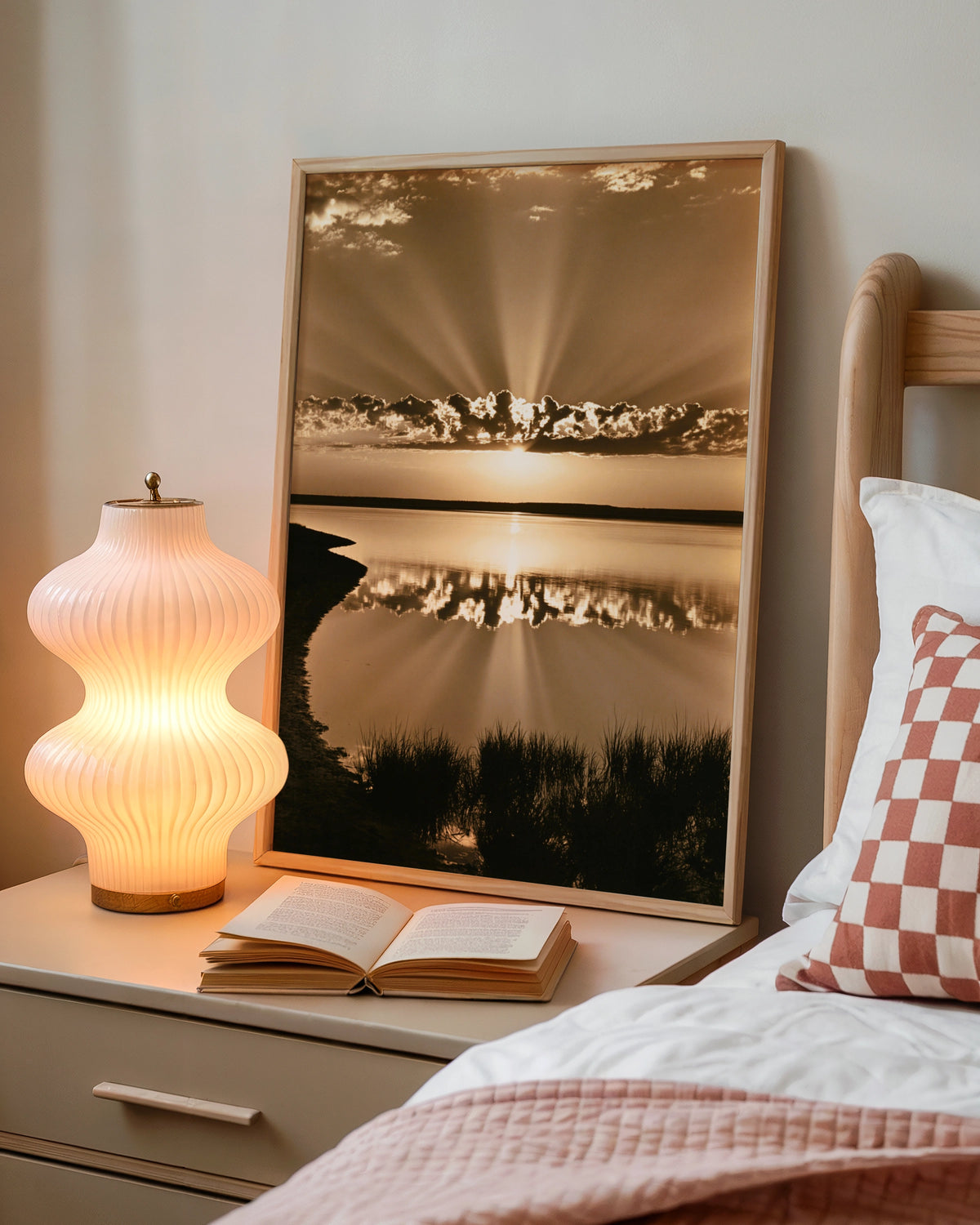 Sepia Sunrise Lake Reflection Poster, Sun Rays Sky, Vintage Nature Print