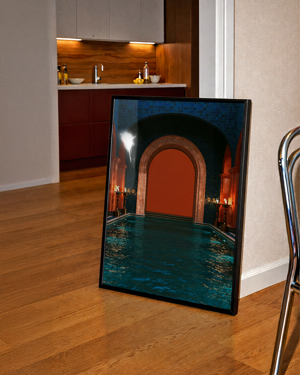 Roman Frigidarium Pool Print, Ancient Bathhouse Poster, Orange Flames Art