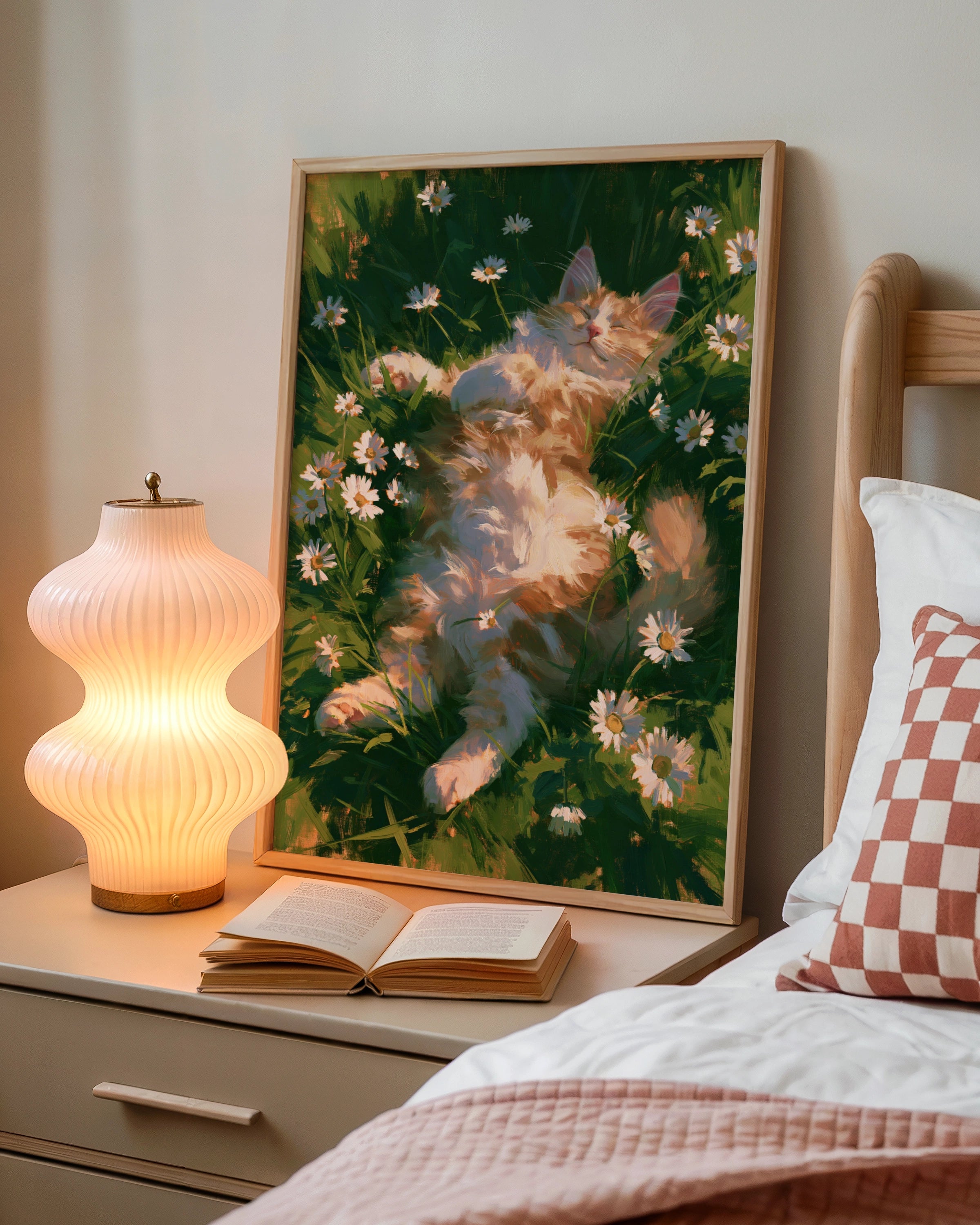 Sleeping Fluffy Cat Daisies Grass Poster, Cosy Painterly Wall Art Print
