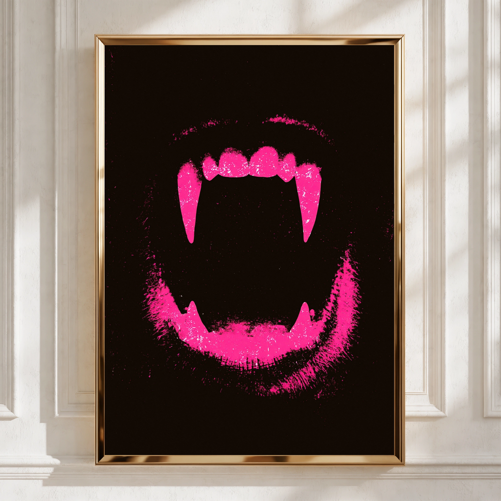 Dog Fangs Pink Wall Art Poster, Bold Dark Grunge Animal Print