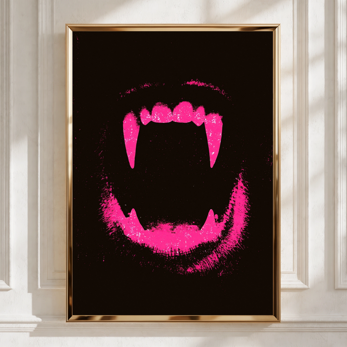 Dog Fangs Pink Wall Art Poster, Bold Dark Grunge Animal Print