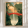 Red Bridge Waterfall Japan Poster, Japanese Pagoda Wall Art, Ukiyo-e Style Print