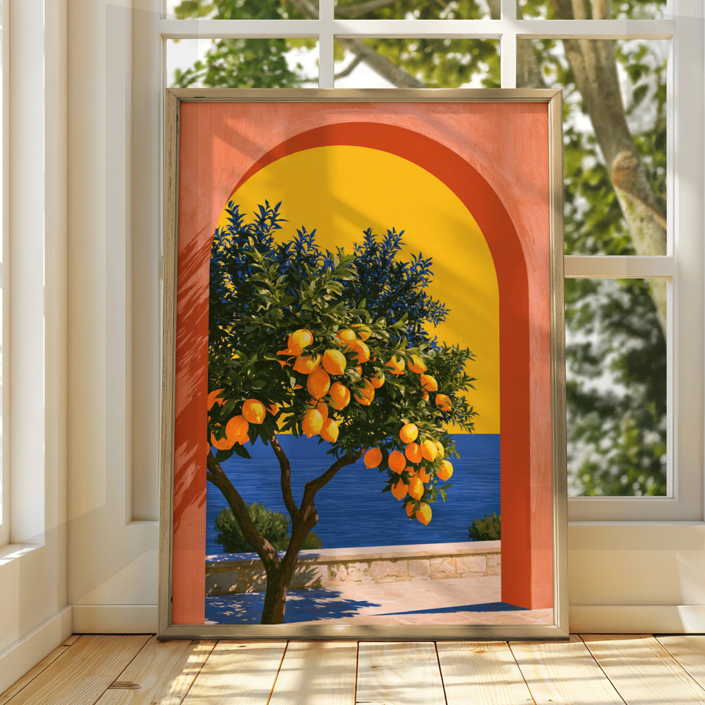 Lemon Tree Terracotta Arch Poster, Mediterranean Sea Wall Art Print