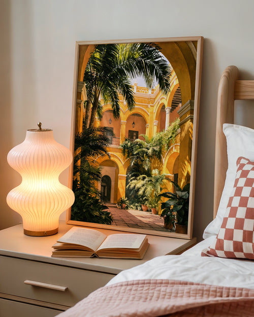 Spanish Courtyard Poster, Yellow Ethnic Architecture Print, Tropical Arches Wall Art