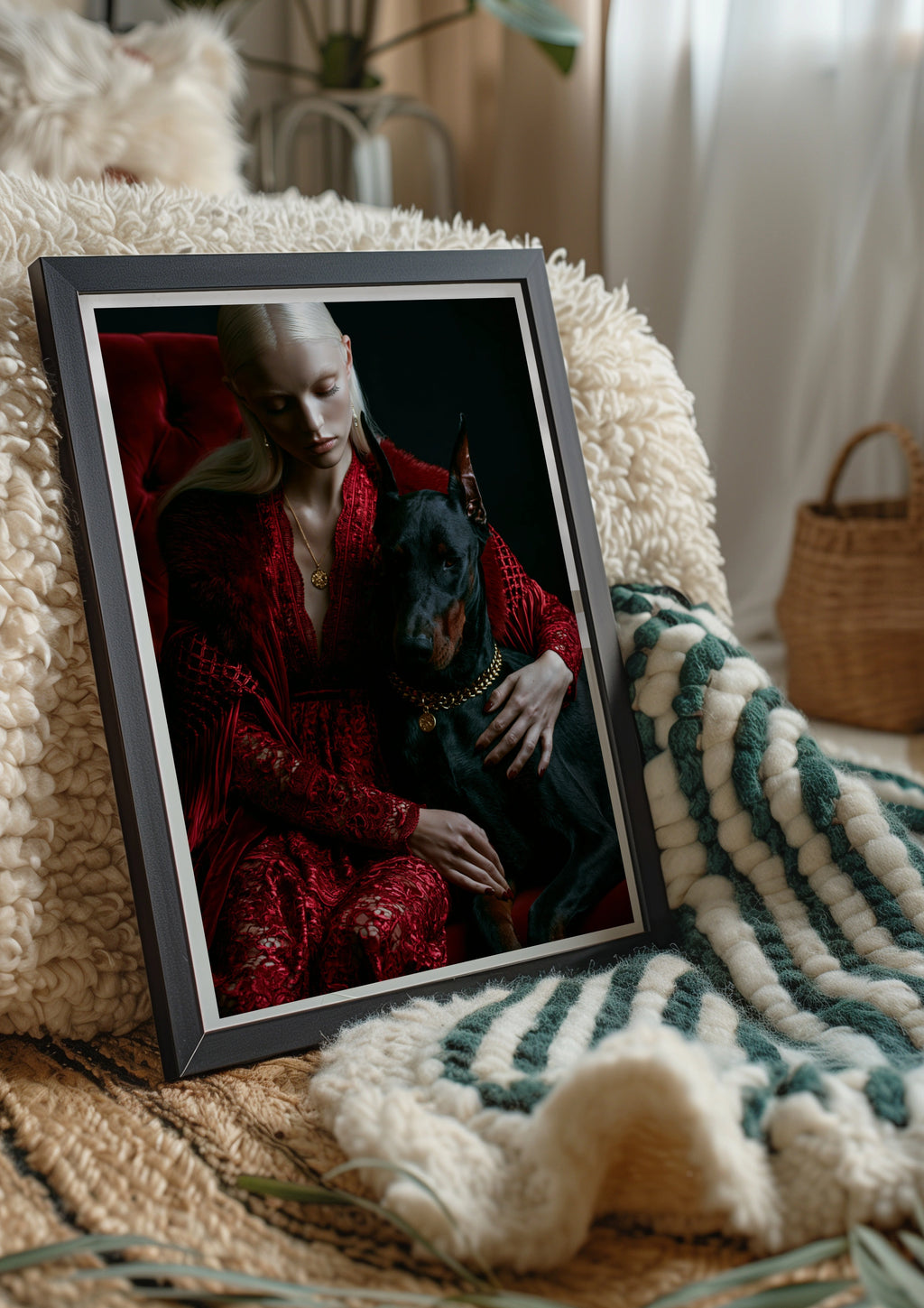 Woman with Dobermann Poster, Red Luxury Fashion Portrait, Dark Dramatic Wall Art