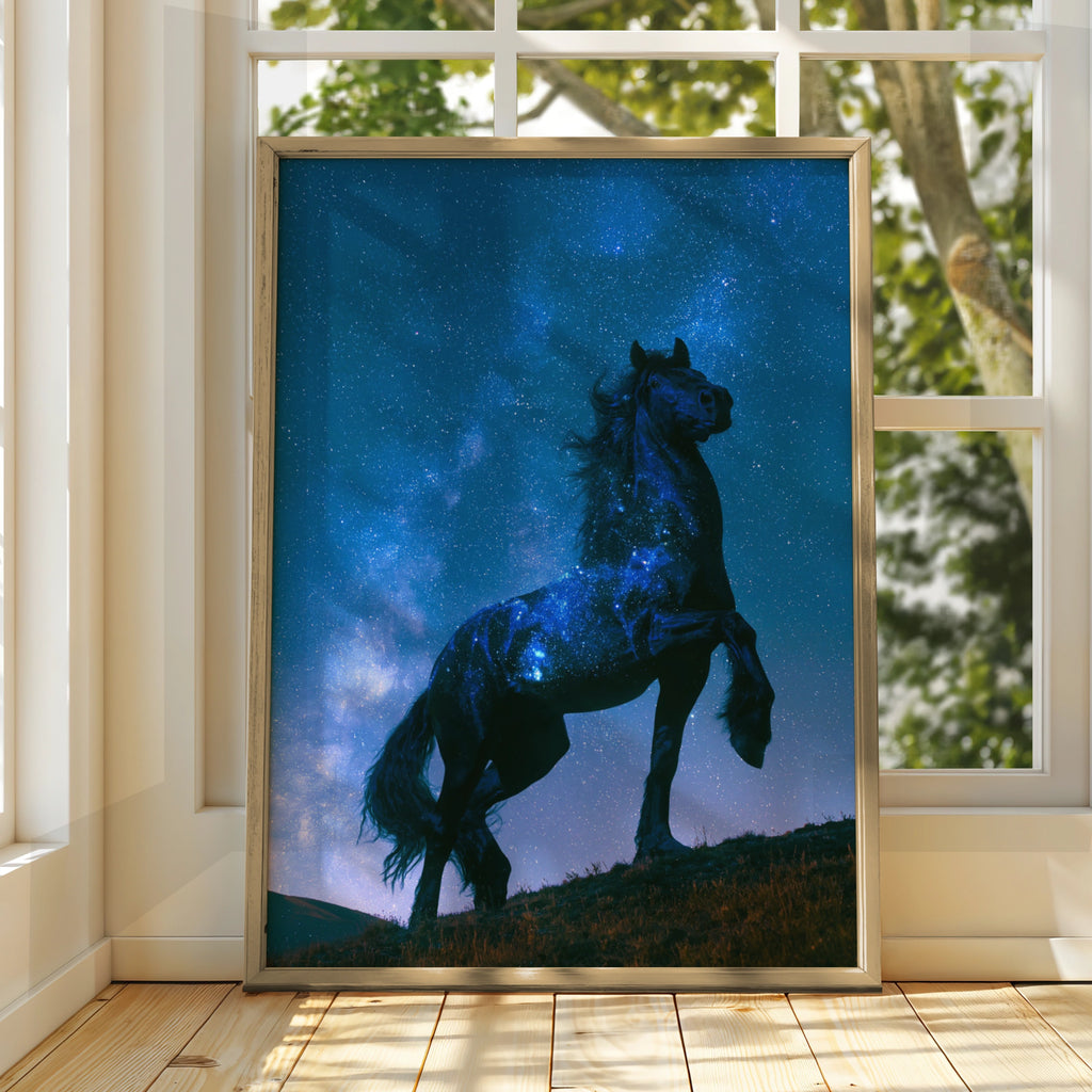 Celestial Horse Rearing Under Starry Night Sky, Galaxy Wall Art Poster