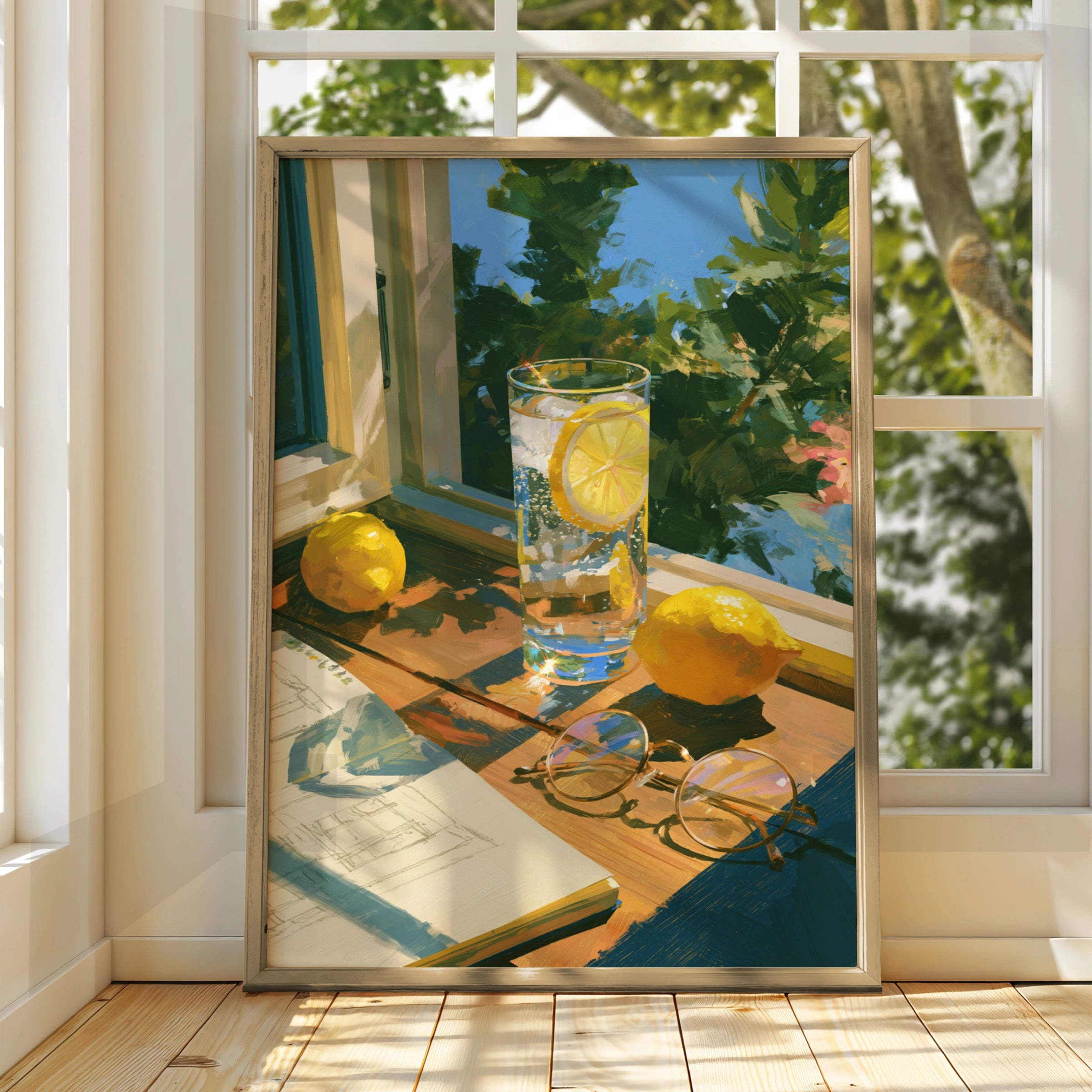Gin Tonic Lemon Glass Windowsill Poster, Summer Reading Still Life Print