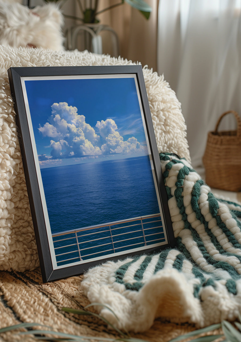 Cruise Ship Deck Ocean View Poster, Blue Sea Sky Clouds, Nautical Wall Art