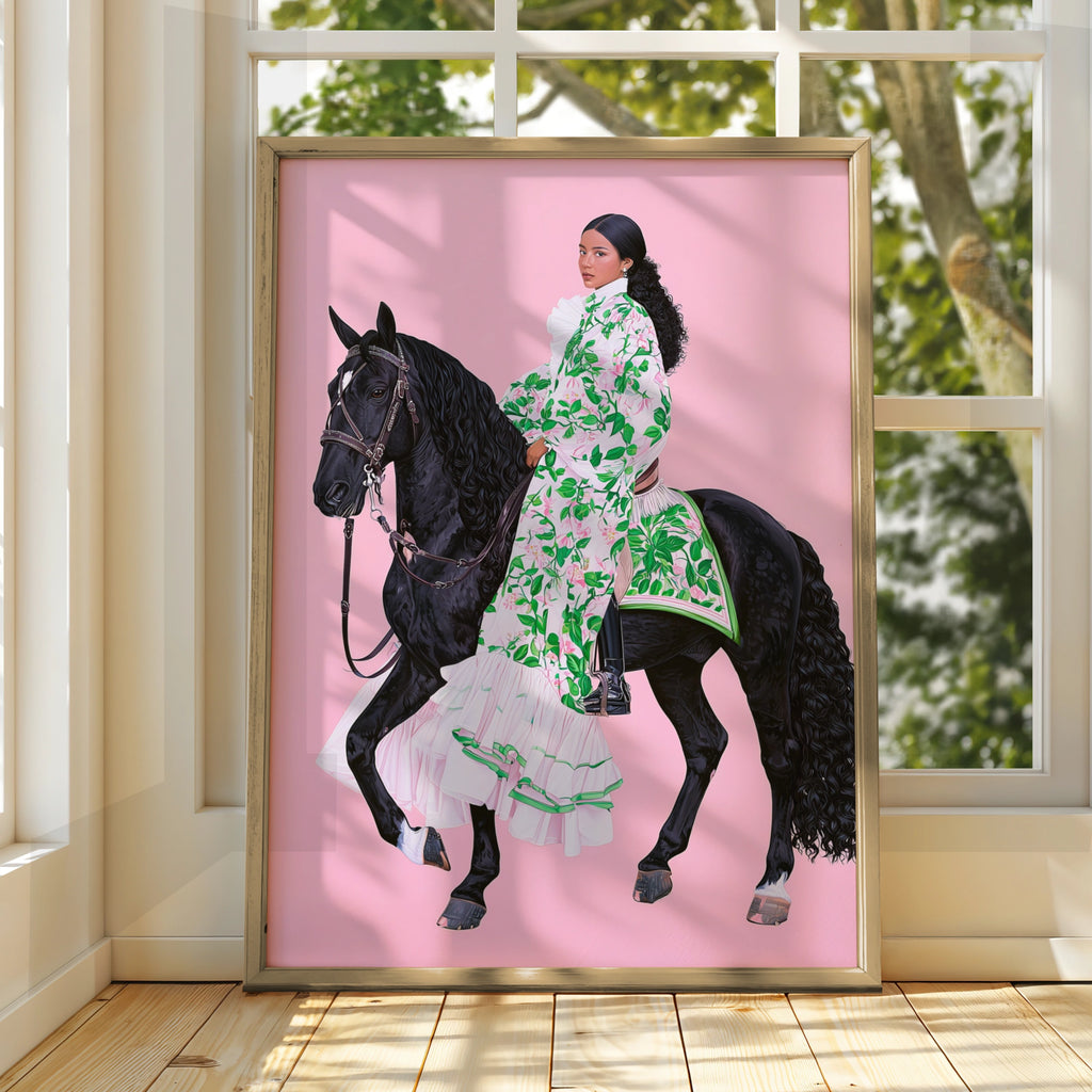 Woman on Black Horse Pink Background, Equestrian Poster, Floral Dress Art